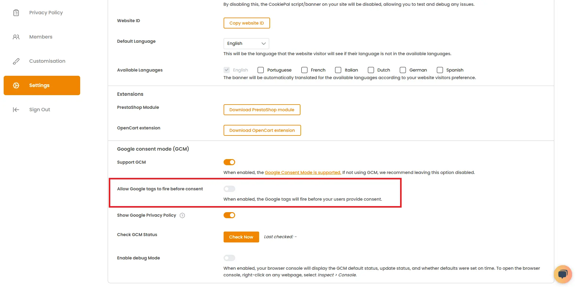 2. Select the "Allow Google tags to fire before consent" option.