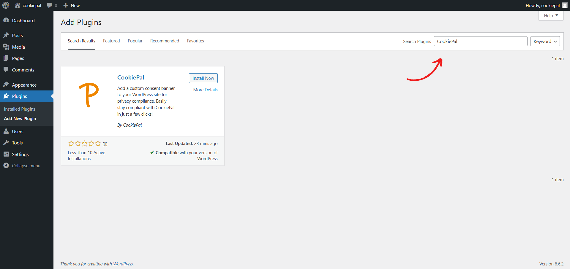Plugin Installation: In the WordPress admin panel, go to 'Plugins' > 'Add New' and search for 'CookiePal'.